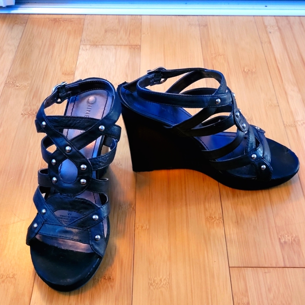 Nine West Womens Black Leather Gladiator Wedge Sandals Size 6